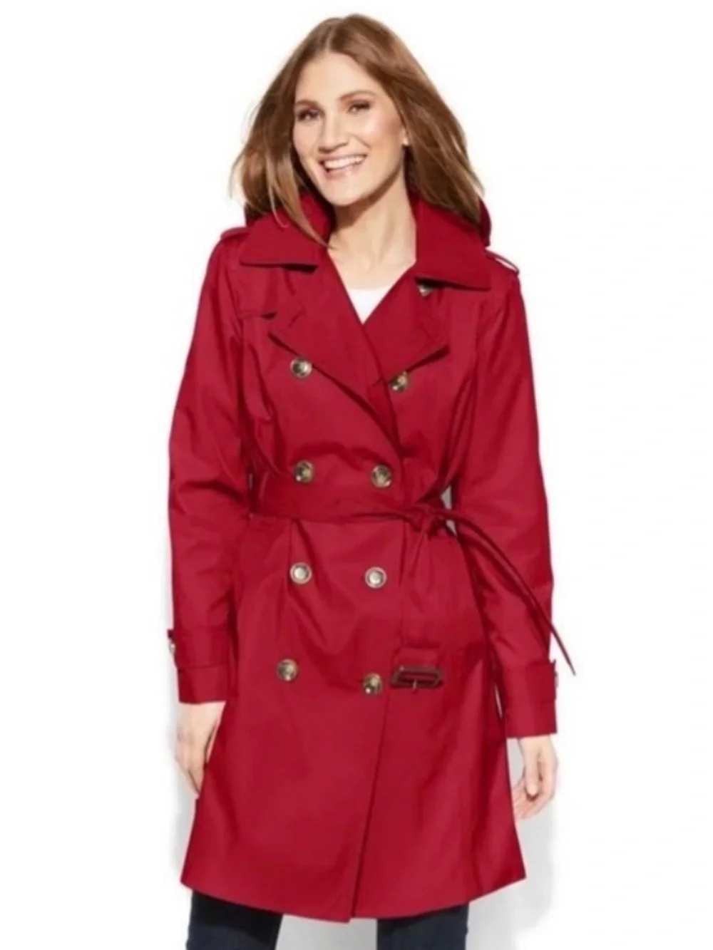 London Fog Burgundy Double-Breasted Hooded Lined Trench Coat Size XL